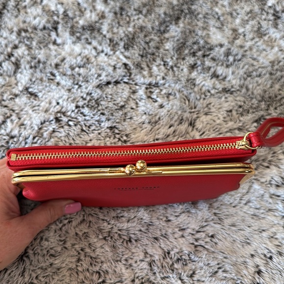 NWOT Forever Young Clutch Wallet Red with Gold Hardware Snap & Zip 2 Pockets - Picture 5 of 10